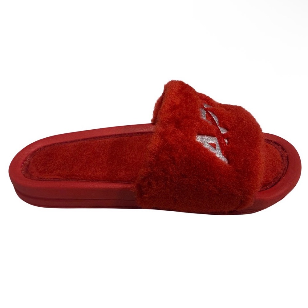 NEW APL Red Shearling Fur Silver Logo Slides Size 6 - Picture 6 of 11
